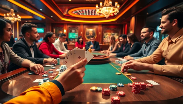 Players enjoy poker at fb88 with colorful chips and cards, showcasing excitement and professionalism.