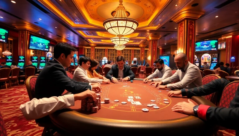 Intense poker action at a luxurious table representing hay.win's thrilling casino experience.