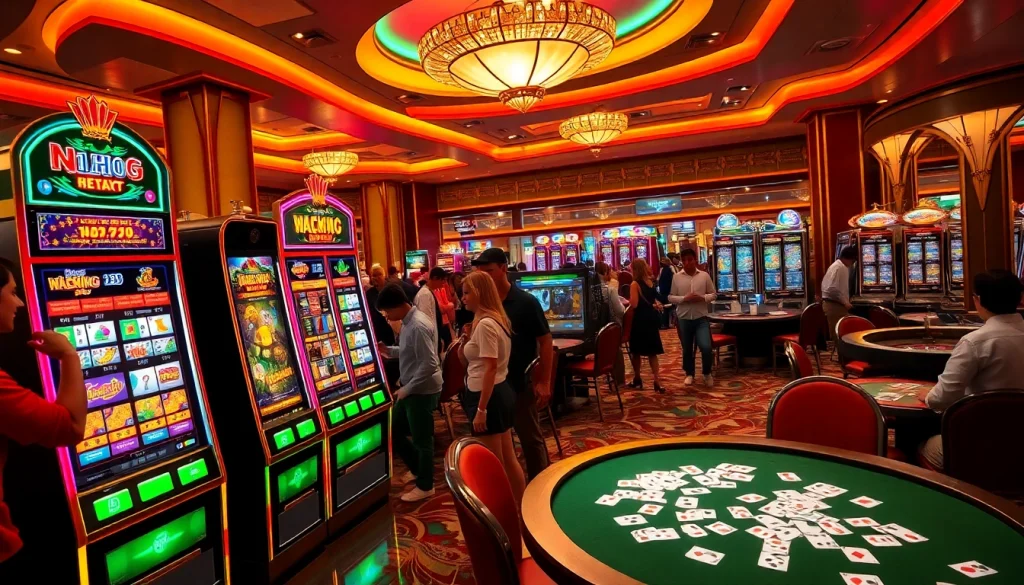 Engaging players enjoying nổ hũ slot machines in a lively casino atmosphere with vibrant colors.