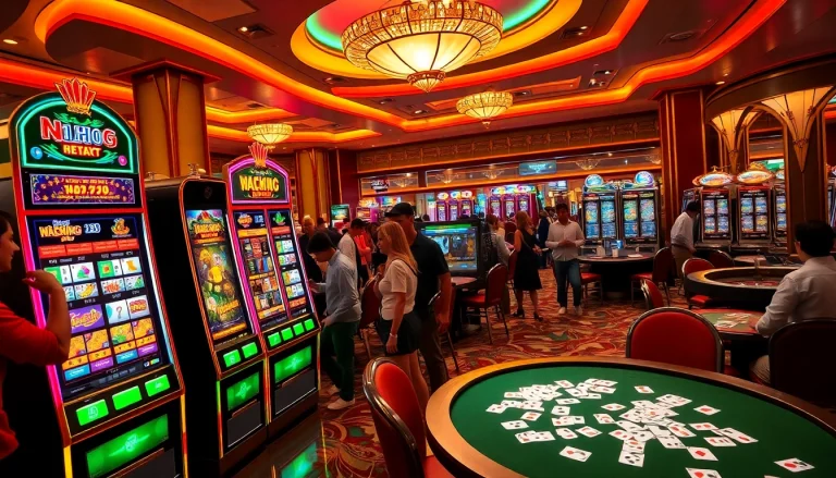 Engaging players enjoying nổ hũ slot machines in a lively casino atmosphere with vibrant colors.