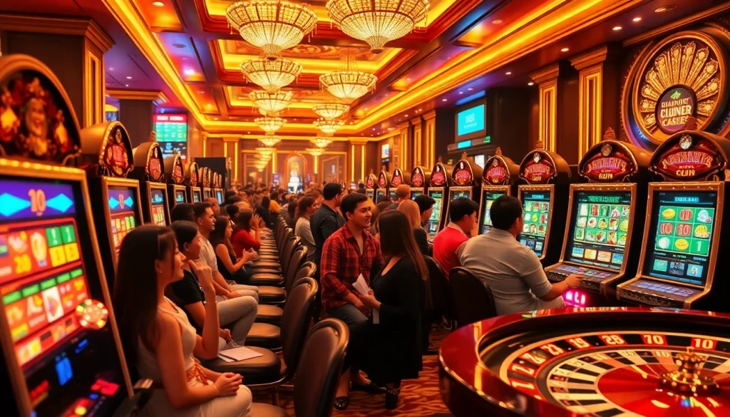 Excited players engaging with nổ hũ slot machines in a glamorous casino setting.