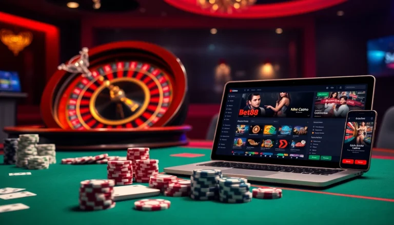Bet88 players enjoying a thrilling online casino experience with chips and cards.