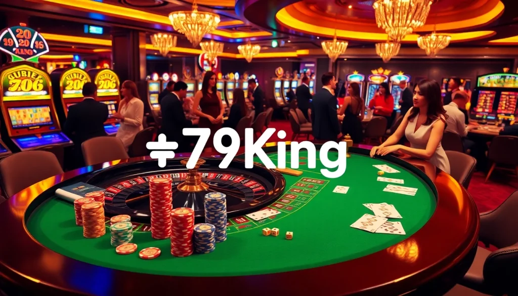 Players enjoy a thrilling roulette game at 79King, showcasing vibrant poker chips and elegant casino atmosphere.