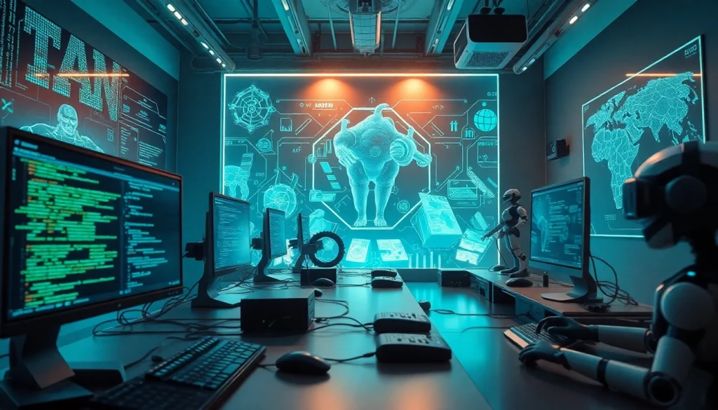 Innovative workspace showcasing game AI technology in a futuristic studio environment.