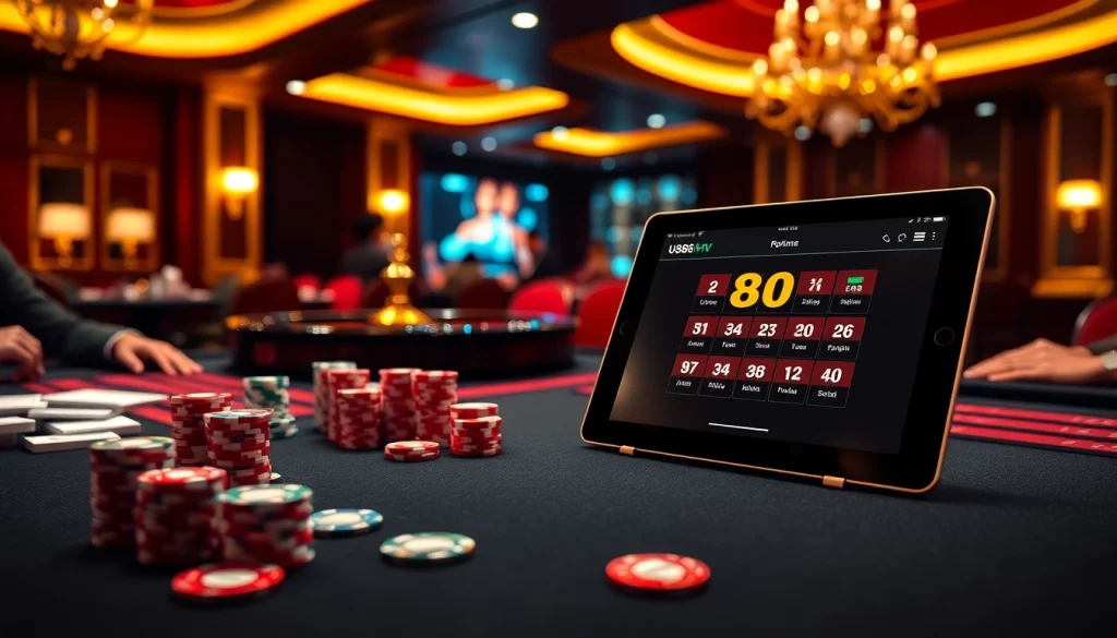 Experience excitement at https://u888hv.com/ with a vibrant casino setting filled with gaming elements.