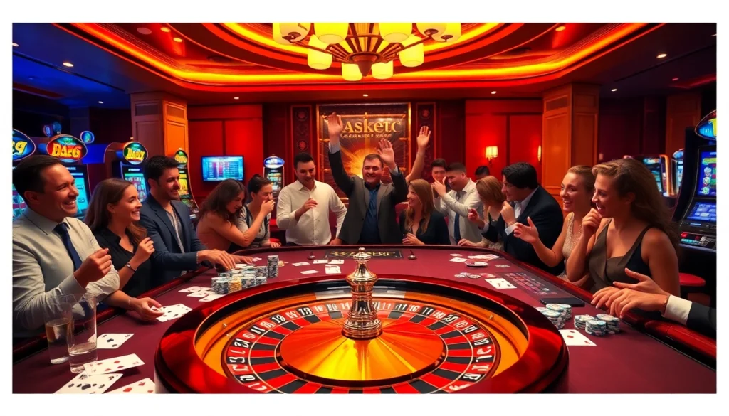 Excited players enjoying a vibrant gaming experience at the 39 bet casino table with roulette and poker elements.