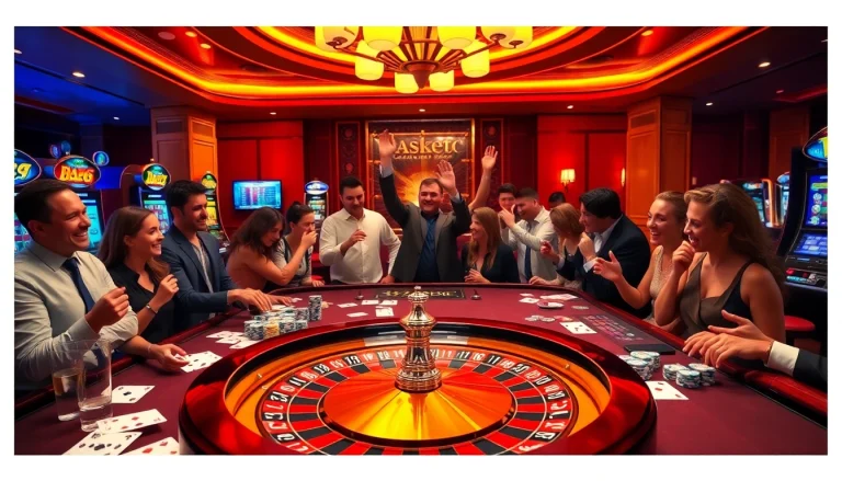 Excited players enjoying a vibrant gaming experience at the 39 bet casino table with roulette and poker elements.