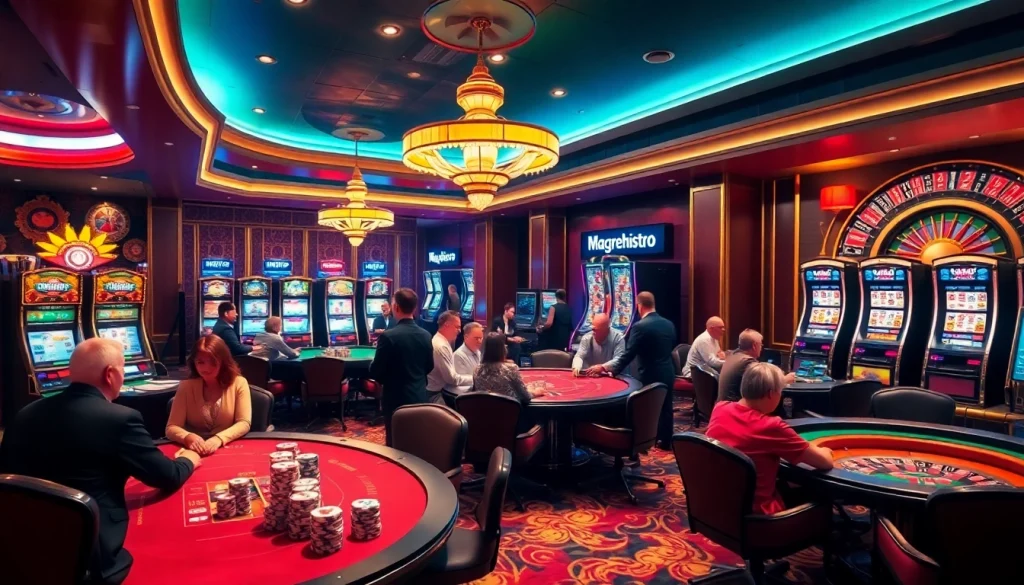 Join the gaming excitement by magrehistro at a luxurious casino with vibrant gaming tables.