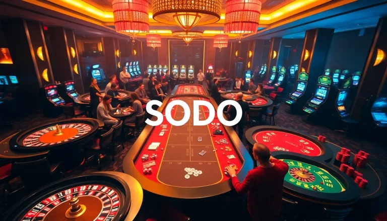 Action-packed gambling at a SODO-themed casino with vibrant poker tables and lively players.