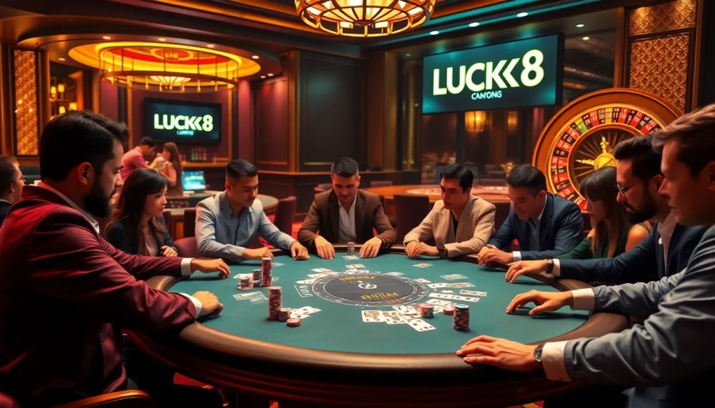 Người chơi tham gia một ván poker đầy kịch tính tại bàn casino sang trọng, nổi bật thương hiệu LUCK8.