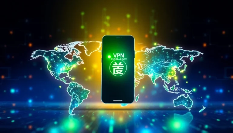 快连官网展示一个充满活力的VPN界面，包含全球连接元素。