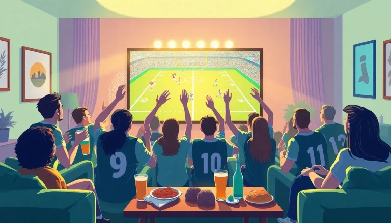 Fans enjoying football highlights while engaging with joemadfan.com in a lively atmosphere