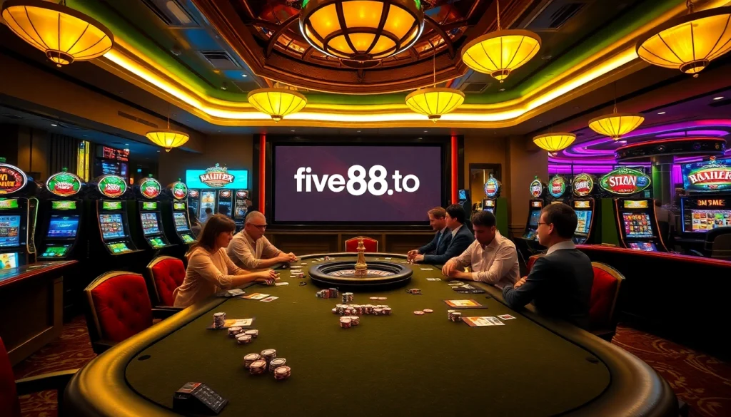 Experience the thrill with five88.top at a luxurious poker table surrounded by vibrant casino elements.