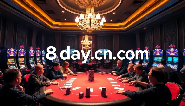 Exciting poker game at 8day.cn.com casino with colorful chips and cards in an elegant setting.