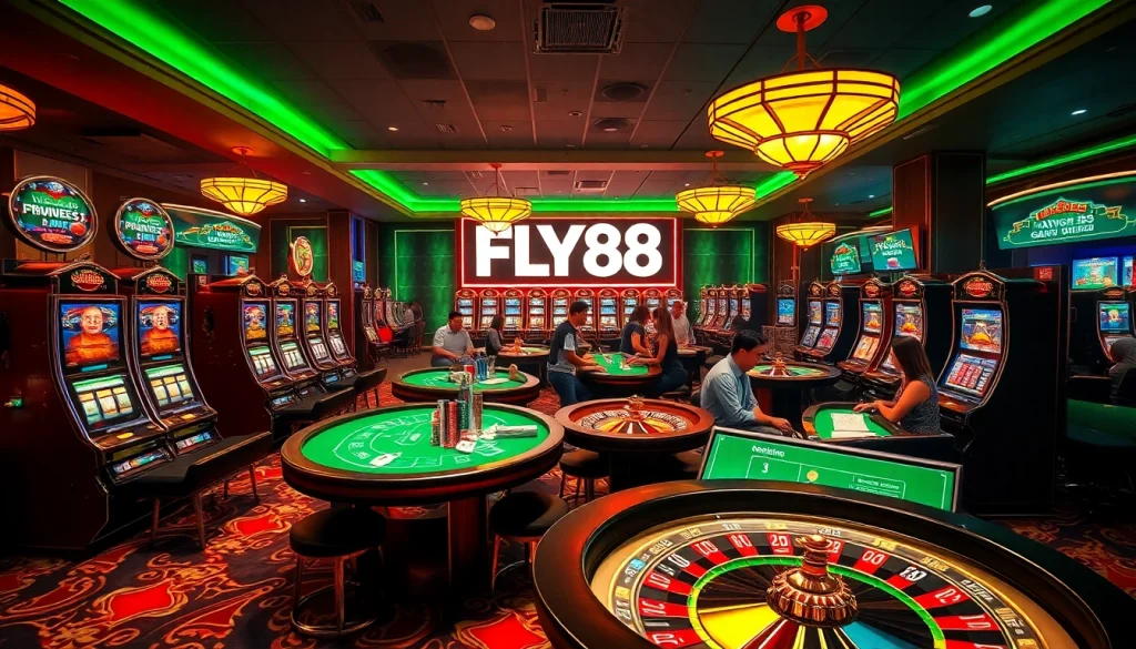 FLY88 gaming scene with exciting slot machines, poker tables, and immersive atmosphere.