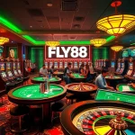 FLY88 gaming scene with exciting slot machines, poker tables, and immersive atmosphere.