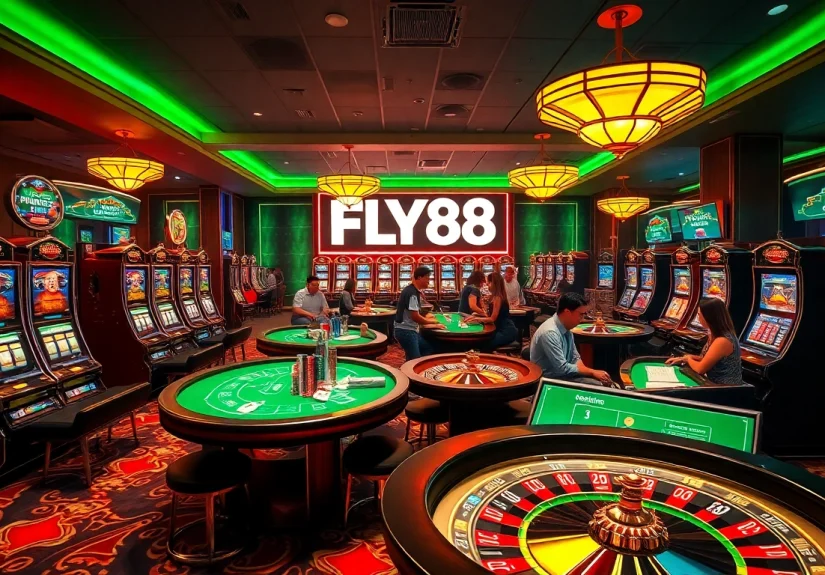 FLY88 gaming scene with exciting slot machines, poker tables, and immersive atmosphere.