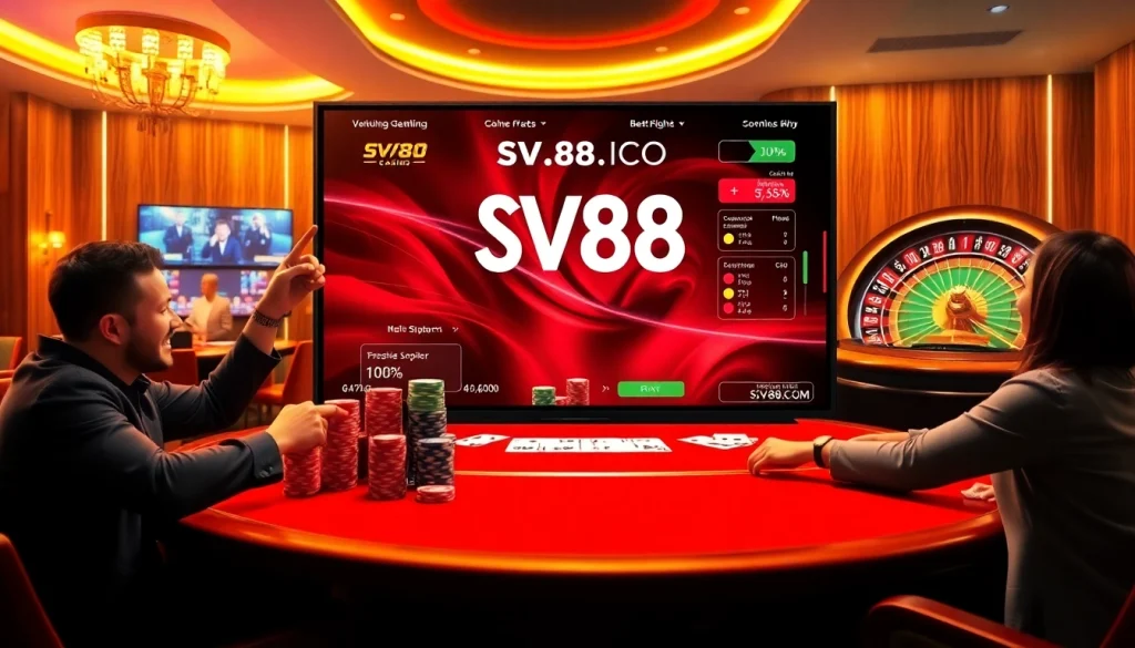 Engaging scene of players enjoying SV88.COM online gambling with poker chips and roulette table.