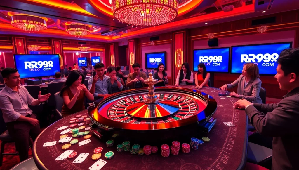 Exciting roulette game in action at RR99 COM casino, with vibrant chips and playing cards.