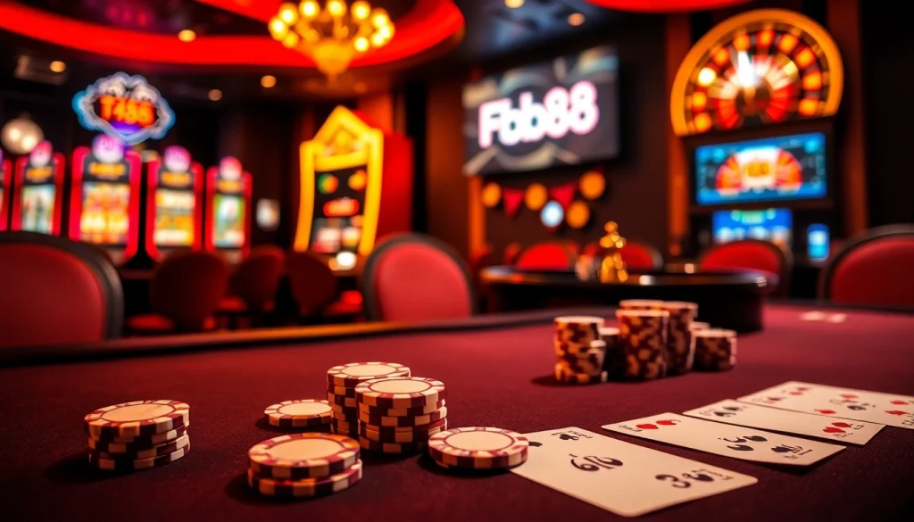Experience the excitement of Fb88 with a luxurious casino scene showcasing poker and slot machines.