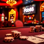Experience the excitement of Fb88 with a luxurious casino scene showcasing poker and slot machines.