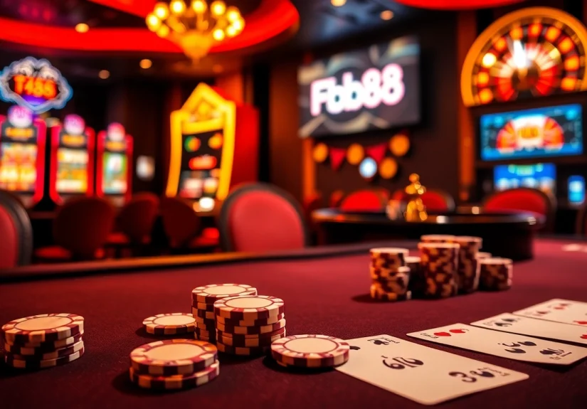 Experience the excitement of Fb88 with a luxurious casino scene showcasing poker and slot machines.