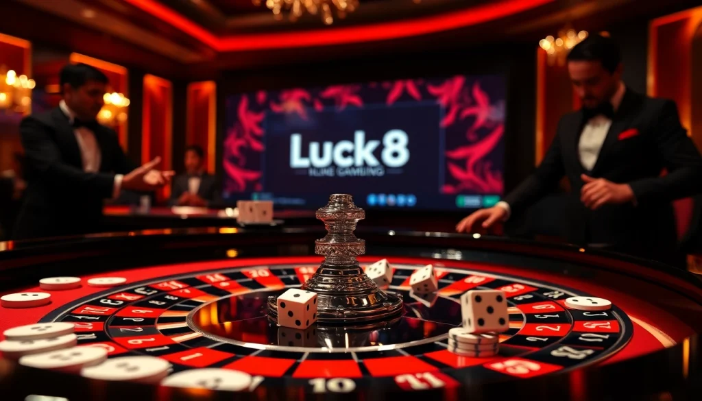 Players engaging in a game at the Luck8 online casino with poker chips and roulette table.