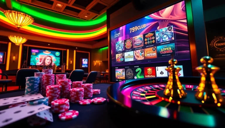 Experience exciting gameplay at 789club with poker chips and roulette wheel in a vibrant casino setting.