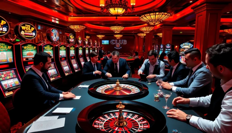 Players enjoying poker games at MAN CLUB, surrounded by vibrant slot machines and roulette wheels.
