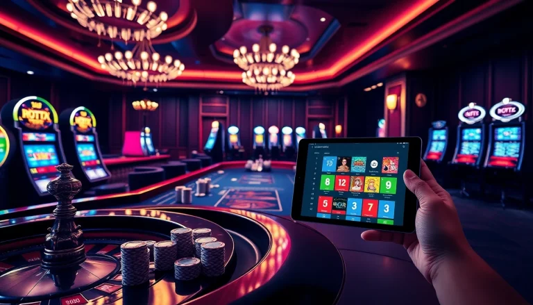 Engage in thrilling gameplay at mb66.nyc, showcasing a vibrant casino scene filled with roulette wheels and poker tables.