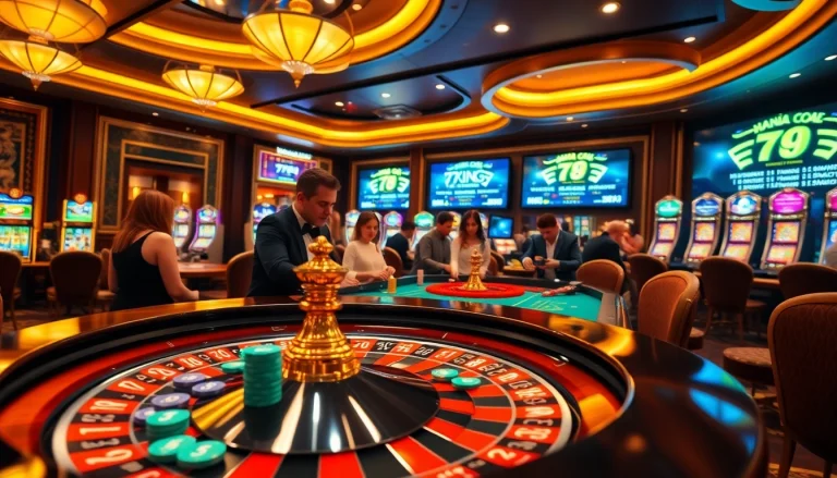 Exciting gambling action at Nhà cái 79KING with colorful chips and lively players at the roulette table.