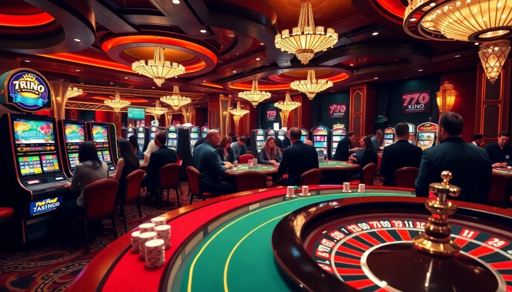 Experience the excitement of the 79king group at a vibrant casino scene with poker tables and slot machines.