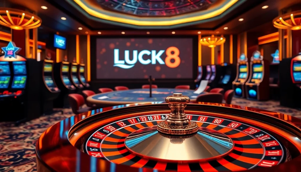 Trải nghiệm sự hồi hộp cược cao tại LUCK8 trong một casino sang trọng với bàn roulette và máy đánh bạc.