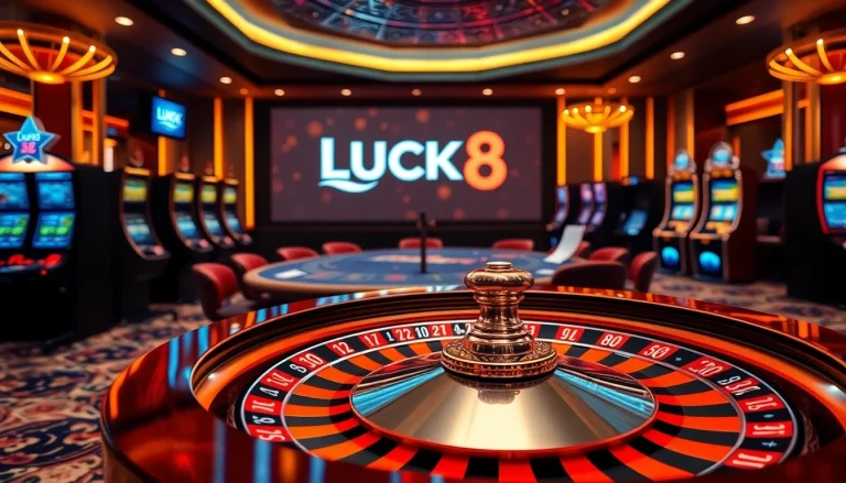 Trải nghiệm sự hồi hộp cược cao tại LUCK8 trong một casino sang trọng với bàn roulette và máy đánh bạc.