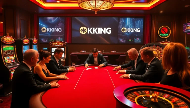Experience high-stakes action with OKKING at an elegant casino poker table.