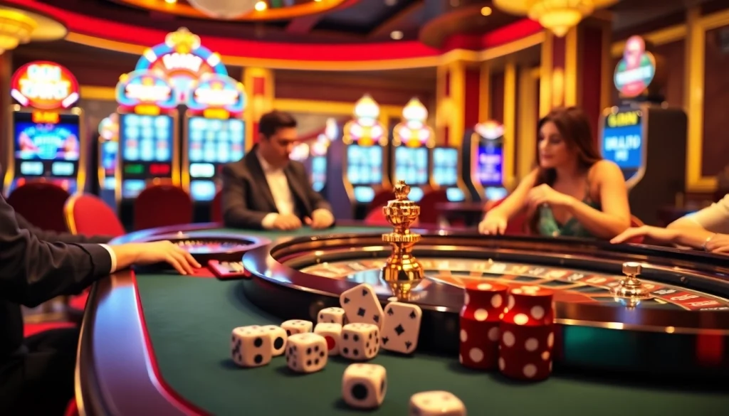Players engaging in a thrilling card game at https://go88.family/ casino with vibrant slot machines in view.