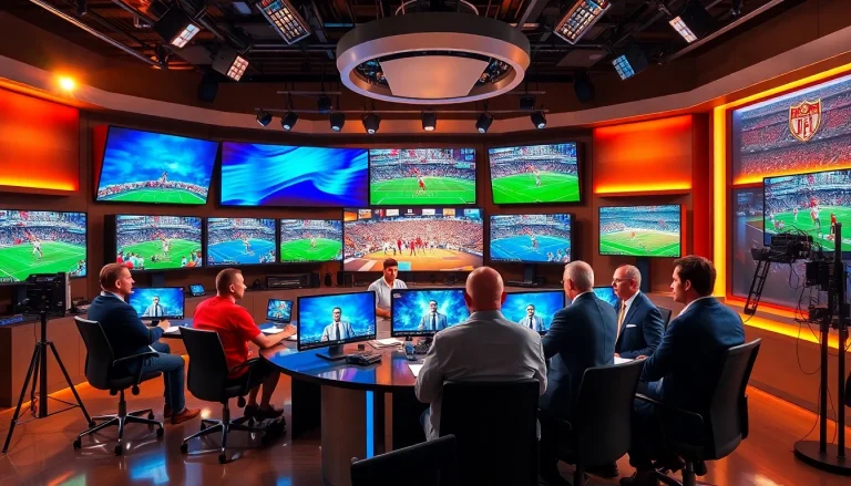 Engaging scene of sports broadcasting with diverse presenters and vibrant sports displays.