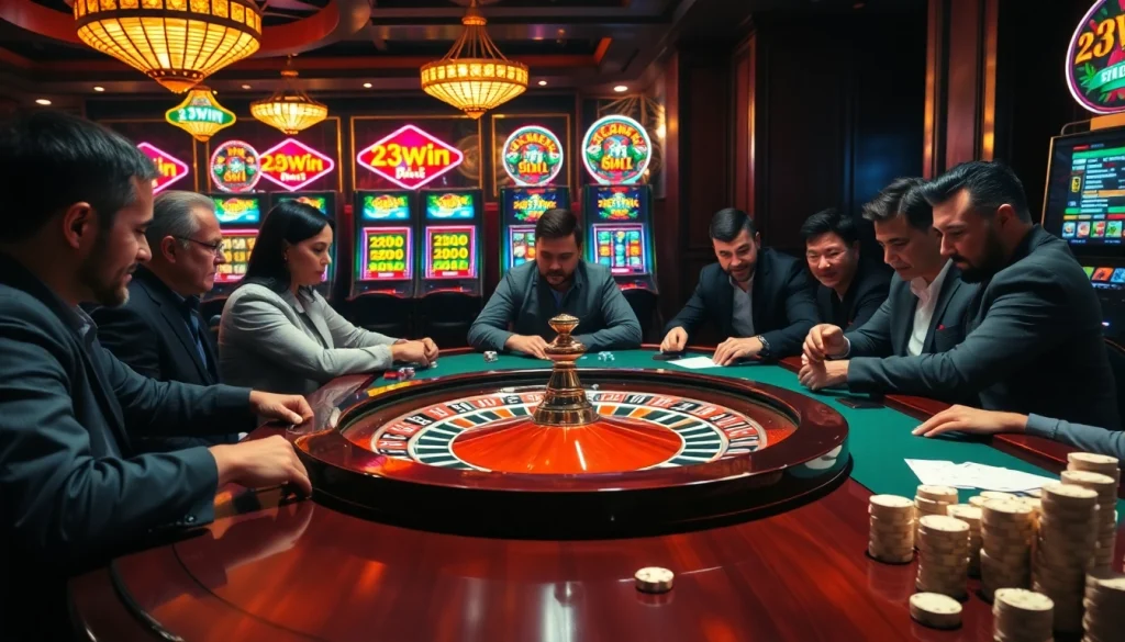 Experience the thrill of winning at 23win's luxurious casino as players engage in intense gaming.