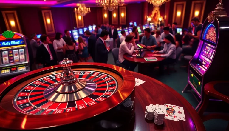 Explore the thrilling atmosphere of sumvip com with poker chips and a spinning roulette wheel in a luxurious casino setting.