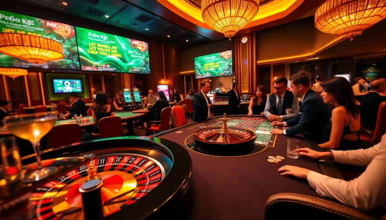Excited players engaging in upscale gambling at Liên minh KJC casino, featuring poker and roulette.