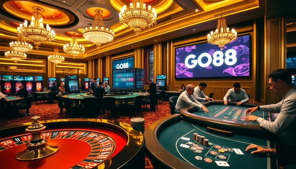 Engage in thrilling gameplay at GO88, featuring luxurious casino tables and vibrant gaming action.