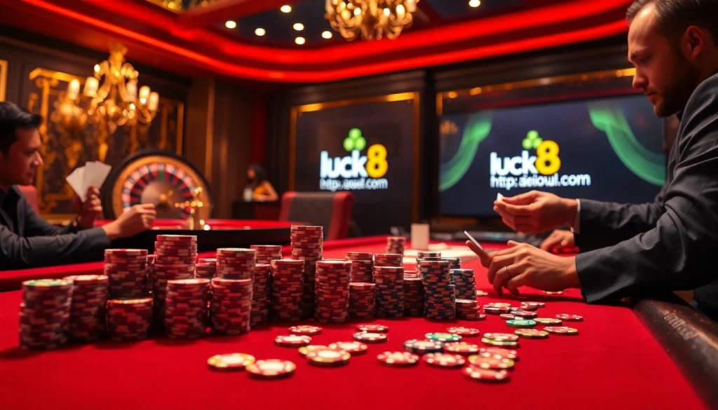 Người chơi hào hứng tại bàn casino sôi động, thể hiện sự phấn khích trên https://luck8.com trò chơi trực tuyến.