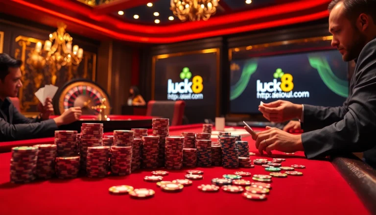Người chơi hào hứng tại bàn casino sôi động, thể hiện sự phấn khích trên https://luck8.com trò chơi trực tuyến.