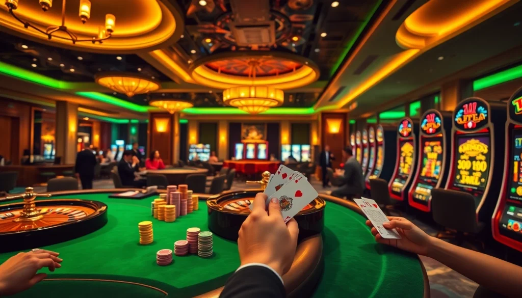 Engaging scene of players at c54.gb.net casino tables with colorful chips and excitement.