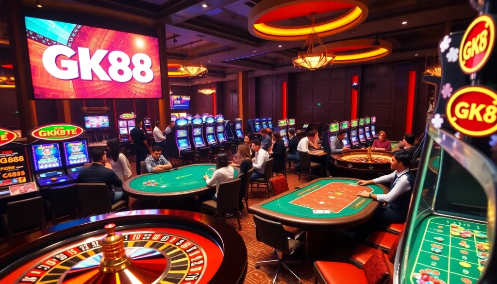 Experience excitement at GK88's thrilling casino gaming area with roulette and poker tables.