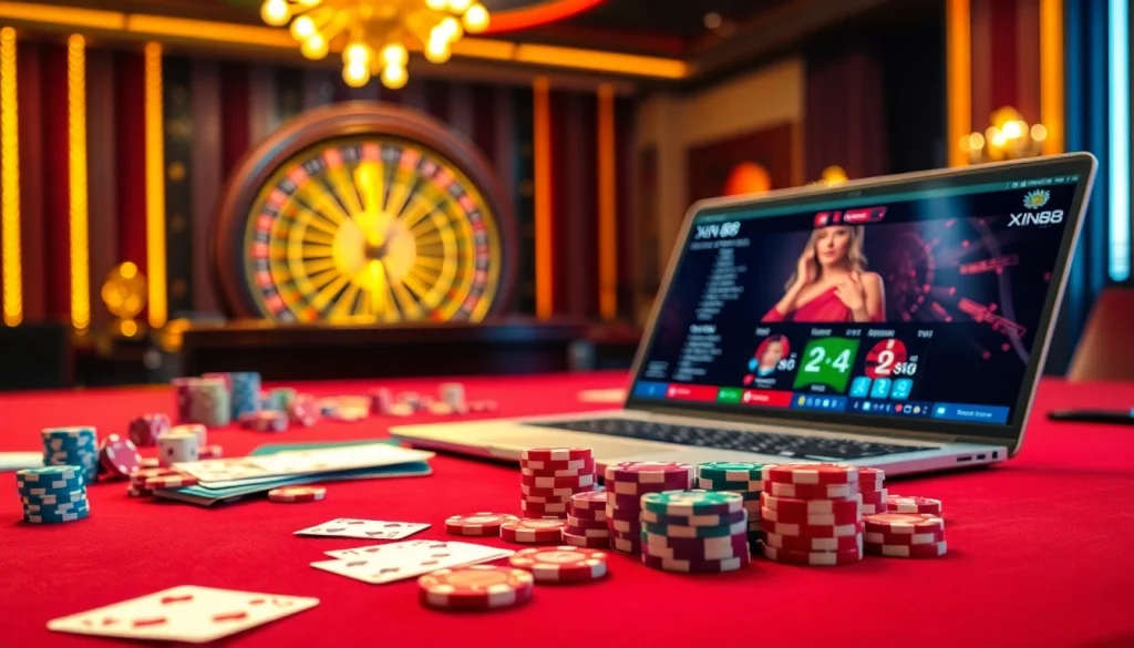 A poker game at xin88 showcasing colorful chips and a spinning roulette wheel