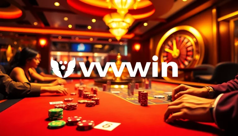 Feel the excitement at vvvwin as players enjoy a lively casino scene filled with poker chips and cards.