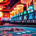 Experience the excitement of luckywin at a vibrant casino with poker tables and colorful slot machines.