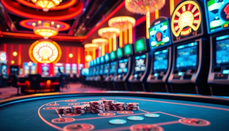 Experience the excitement of luckywin at a vibrant casino with poker tables and colorful slot machines.