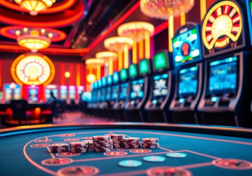Experience the excitement of luckywin at a vibrant casino with poker tables and colorful slot machines.